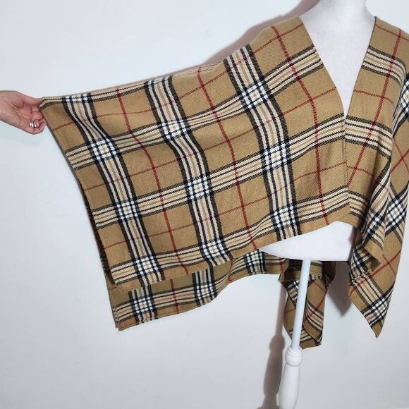 V. Fraas Tan Plaid Wrap One Size Tan, Black and Red Winter Wrap - Picture 4 of 9